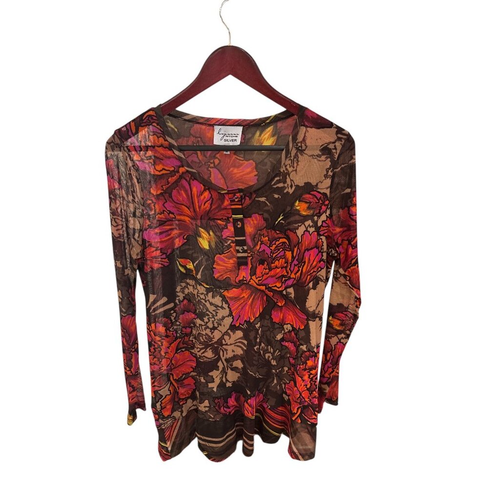 Lynn Ritchie Silver Fairy Floral Sheer Long Sleeve Top Medium Nylon